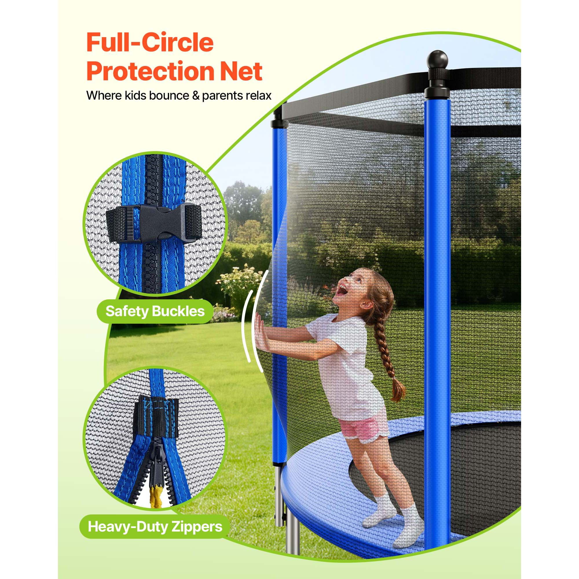 KFFKFF 15FT Round Outdoor Trampoline with Safety Enclosure Net, ASTM Certified, Durable Design, 470 lbs Weight Capacity, Rust-Resistant Backyard Trampoline for Children and Adults