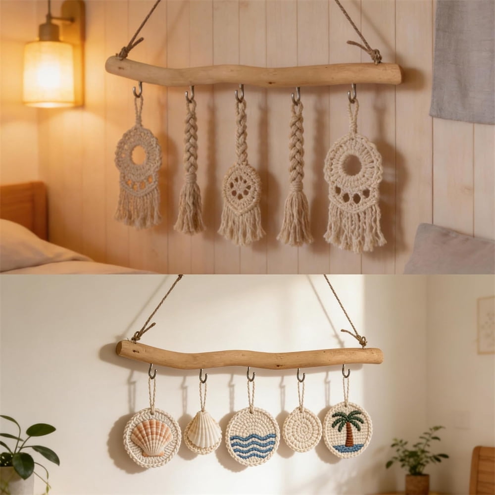HXRH 2Pcs Driftwood Wall Hanging Jewelry Hanger 16Inch Rustic Solid Wood Wall-Mounted Organizer with 5 Hook for Keys Hats Entryway