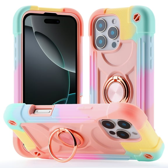 for iPhone 16 Pro Max Case with Ring Stand, Heavy Duty Military Grade Rugged Shockproof Silicone Rubber Magnetic Kickstand Holder Case for Women Girls For iPhone 16 Pro Max, Rainbow Pink