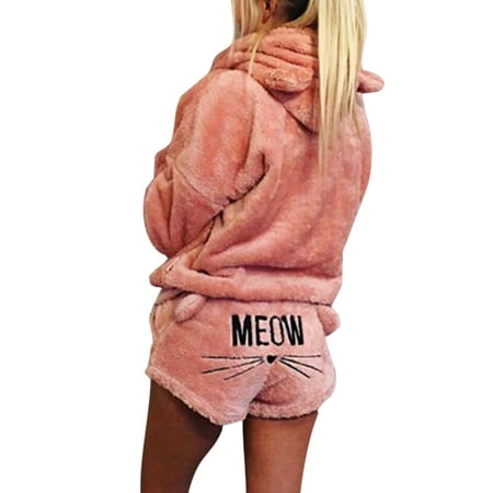 

Avamo Women Pajamas Sets Pocket Sleepwear Hooded Nightwear Fleece Lined Two Pieces Outfits Lounge Set Casual Tops And Shorts Pink 3XL