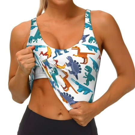 Goofa Block Dinosaur Printed Sports Bras for Women  High Impact Running Bra Workout Crop Tank Tops Longline Sports Bra Push up-Large