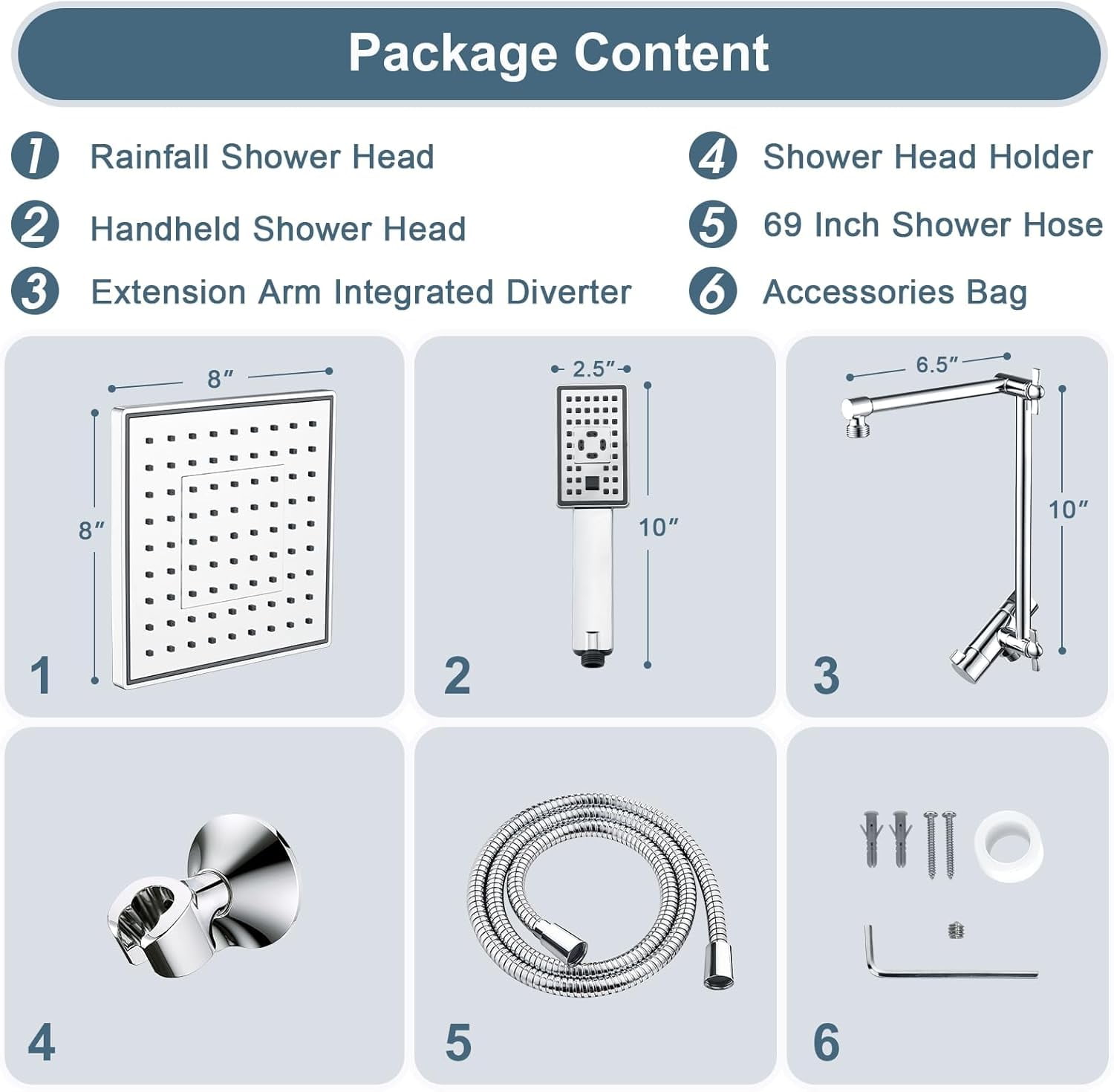 Rain Shower Head with Handheld Spray, 8 Inch High Pressure Rainfall Shower Head Combo with 60” Hose, Adjustable Dual Square Showerhead with 3-Way Diverter, Wall Bracket, Chrome