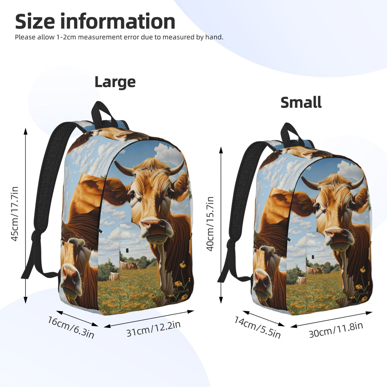 Picia Daisy Flower Field Cow Printed Canvas Daypack - Stylish and Durable Vintage Compact Backpack - Class, Work, Travel, or Laptop Bookbag,Organized Compartments-Medium