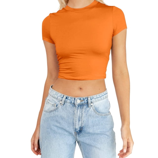 WEIYLL T-Shirts pour Femmes Été Manches Courtes Mignon Crop Basique Col Rond Ajusté Orange Tailles G