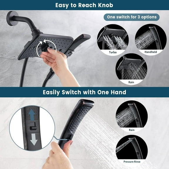 High Pressure Shower Head with Handheld, Oil Rubbed Bronze Dual Showerhead Combo with Rainfall Spray, Detachable Hand Held Shower, 60" Stainless Steel Hose