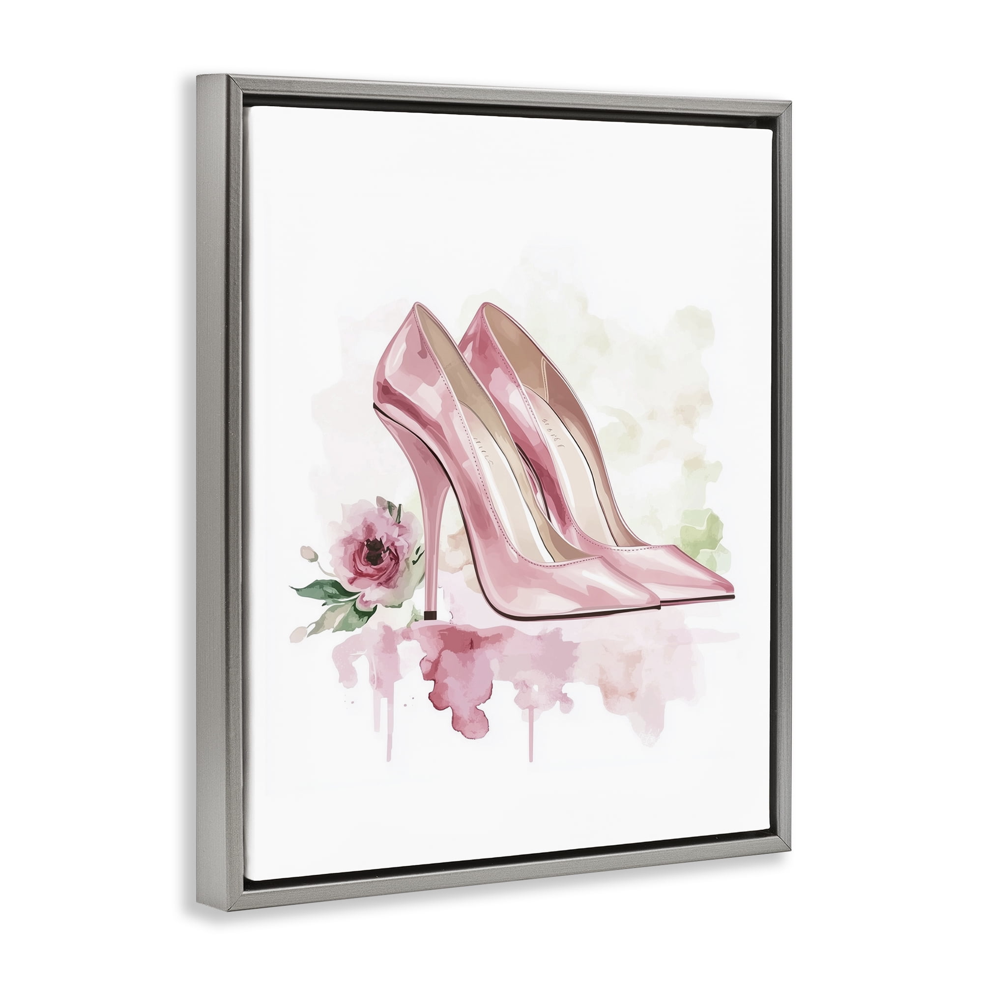 Rosy Pastel Heels Gray Framed Floater Canvas Wall Art, design by Christine Simpson Art