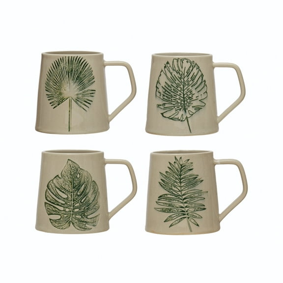 Creative Co-Op Stoneware Mug with Debossed Leaf, Reactive Crackle Glaze, 4 Styles