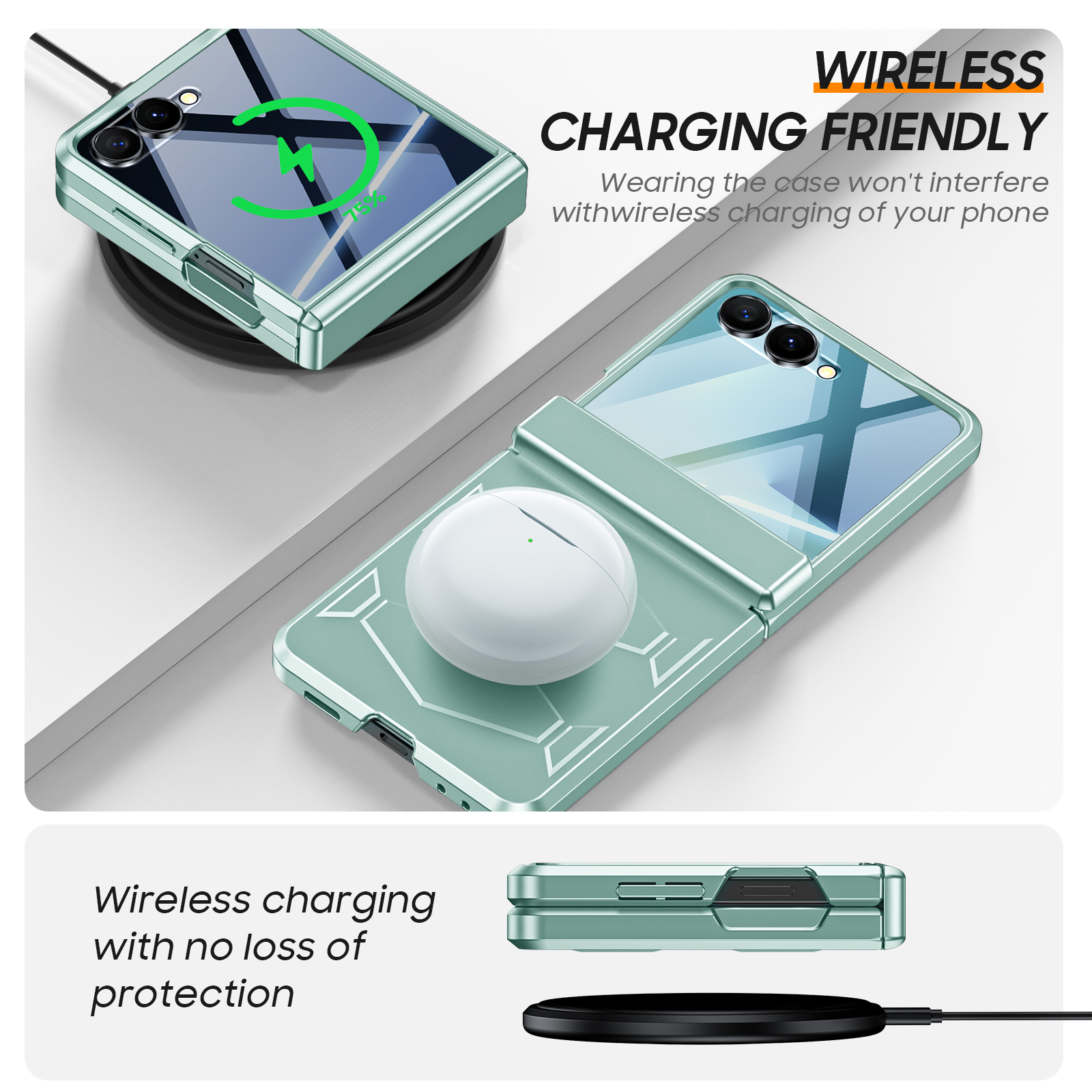 Vizvera for Samsung Galaxy Z Flip 7 Case with Hinge Cover,Built-in Screen Protector Shockproof All-Inclusive Smartphone Cover Wireless Charging-Light Green