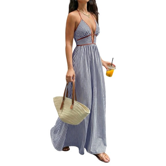 Women'S Summer Maxi Dress Halter V Neck Beach Dress for Casual Vacation Wear Royal Blue S