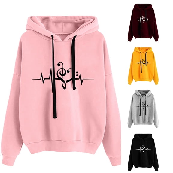 Halloween Sweatshirt for Women Hoodies Sweatshirts Oversized Streetwear Pullover Hoodie with Music Note Design Casual Comfortable Blend for Fall and Winter Loose Fit Long Sleeve Sweatshirt Pink M