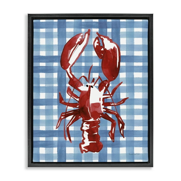 Stupell Industries Coastal Lobster on Plaid Animals Painting Black Floater Framed Canvas Art Print Wall Art, 17 x 21