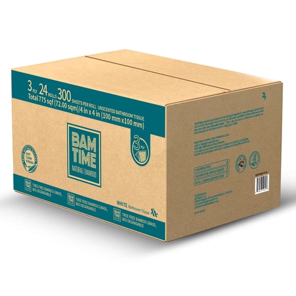 BAMTIME Bamboo Toilet Paper, 24 Rolls of Tree-Free Eco-Friendly toilet paper, 3-Ply 300 Sheet Per Roll,