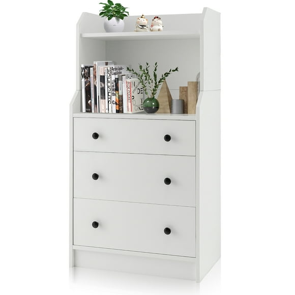 Gymax 3-Drawer Dresser 44'' Tall Wood Storage Organizer Chest w/ 2 Open Shelves White