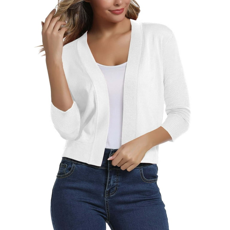 Women s 3 4 Sleeve Cropped Cardigans Sweaters Jackets Open Front