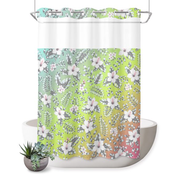 No Hook Shower Curtain, Palm Leaves Shower Curtains for Bathroom with See Through Top Window, Summer Watercolor Floral Botanical Ombre Waterproof & Washable Bath Curtain Stall 48"x72"