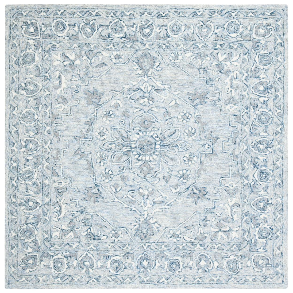 SAFAVIEH Micro-Loop Britton Floral Bordered Wool Area Rug, Light Blue/Ivory, 5' x 5' Round