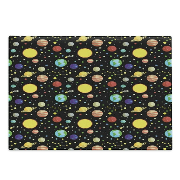 Space Cutting Board, Comets and Constellations Stars with Polka Dots Earth Sun Saturn Mars Solar System, Decorative Tempered Glass Cutting and Serving Board, Large Size, Multicolor, by Ambesonne