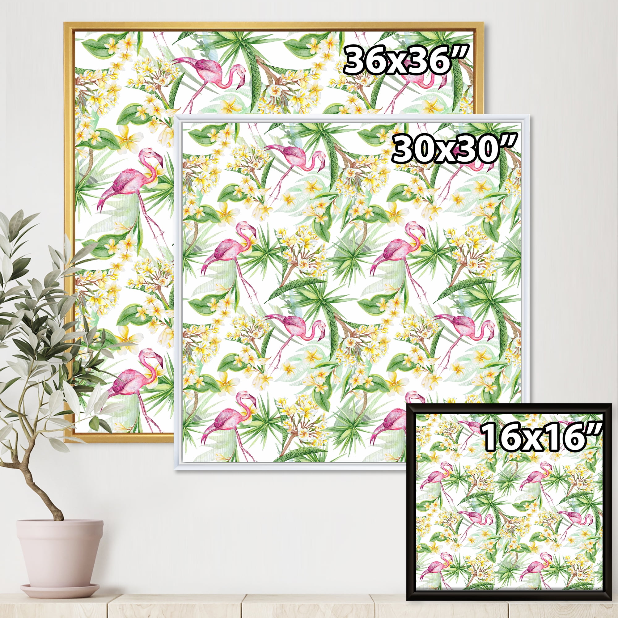 Designart 'Yellow Flowers, Tropical Foliage With Flamingo IV' Modern Framed Canvas Wall Art Print