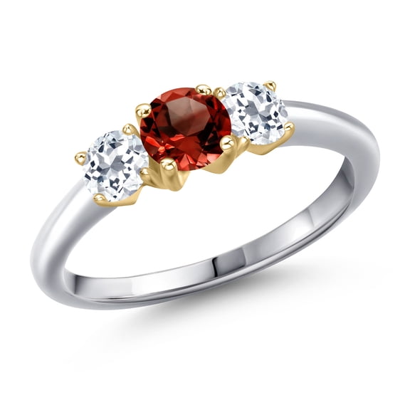 Gem Stone King 10K Two Tone Gold Red Garnet and White Topaz Engagement Ring for Women | 1.21 Cttw | Round 5MM | Gemstone January Birthstone | Size 7
