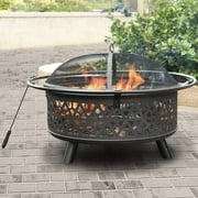 MF Studio 32" Fire Pit Large Steel Patio Fireplace Cutouts Pattern with Poker & Spark Screen