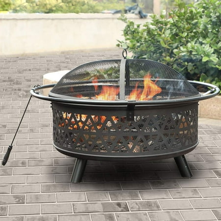 MF Studio 32" Fire Pit Large Steel Patio Fireplace Cutouts Pattern with Poker & Spark Screen