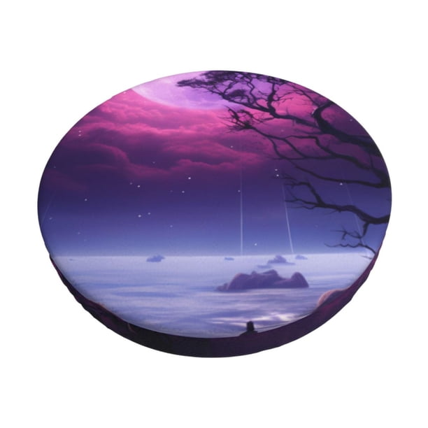 Disketp Purple Moon Tree Night Sky Funda Redonda para Taburete, Funda de Cojín para Silla de Bar Suave y Elástica-13 inch