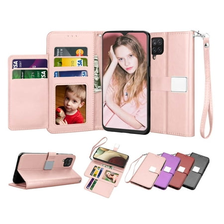 Galaxy A12 Case, Samsung Galaxy A12 Wallet Case, Galaxy A12 PU Leather Case, Tekcoo ID Cash Credit Card Slots Holder Purse Carrying Folio Flip Cover Hard Case Kickstand & Hand Strap - Rose Gold