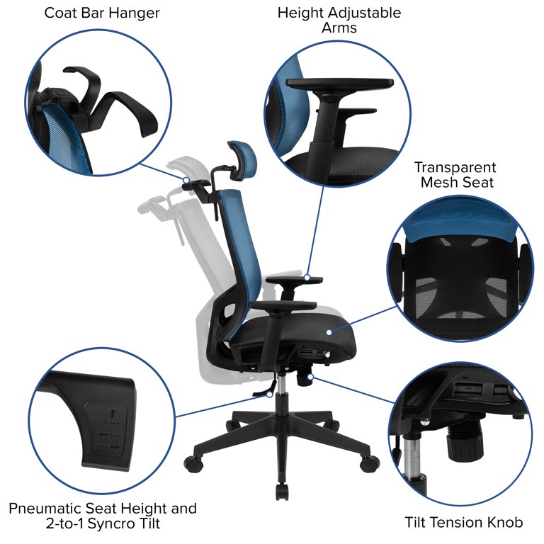 Ergonomic Mesh Office Chair with Synchro-Tilt, Pivot Adjustable Headrest, Black