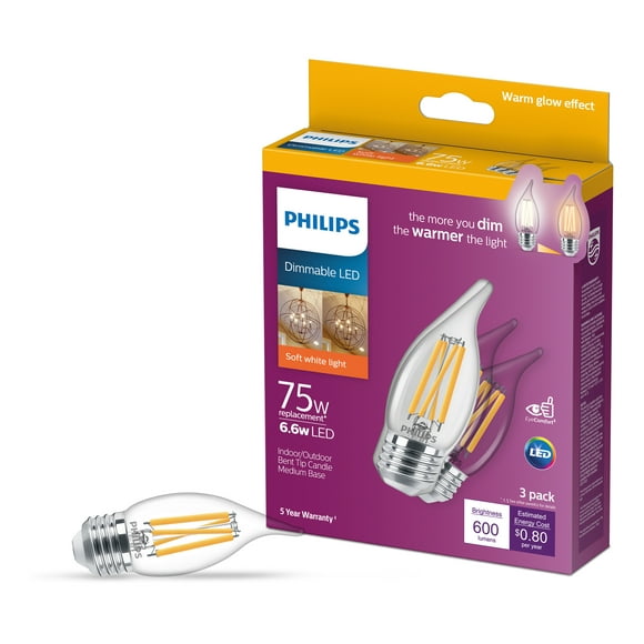 Philips LED 75-Watt BA11 Candle Light Bulb, Clear Soft White Warm Glow, Dimmable, E26 Medium Base (3-Pack)