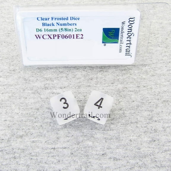 Clear Frosted Dice with Black Numbers D6 Aprox 16mm (5/8in) Pack of 2 Wondertrail