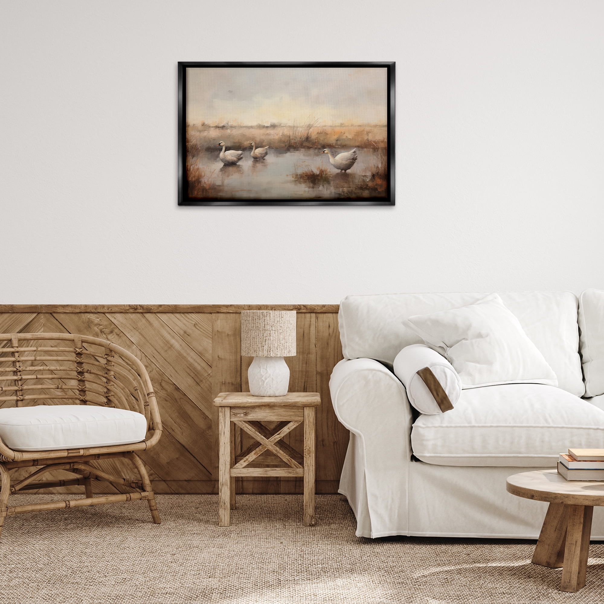 Stupell Industries Swan Family Rural Pond Landscape & Nature Painting Black Floater Framed Canvas Art Print Wall Art, 31 x 21
