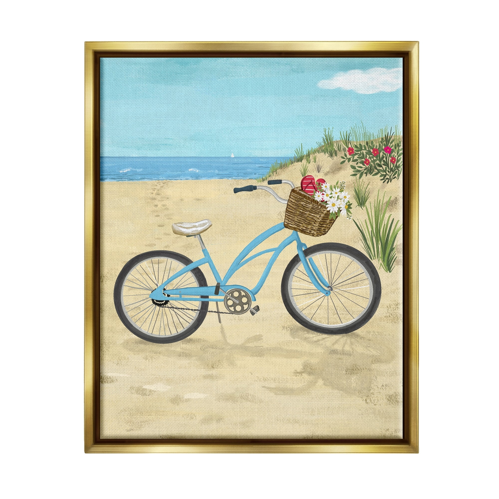 Stupell Industries Blue Bicycle Flower Blossom Basket Beach Sand Painting Metallic Gold Floating Framed Canvas Print Wall Art, Design by Sharon Lee