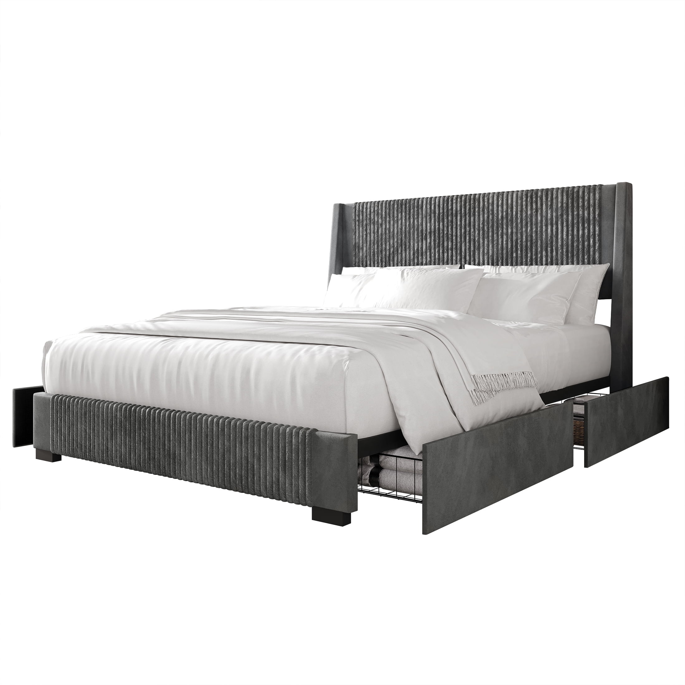 Castle Place Corduroy Velvet King Platform Bed With Storage, Grey