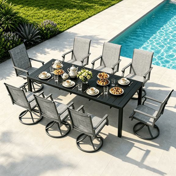 MEOOEM 9 Piece Outdoor Dining Set with Swivel Chairs, 78.8" Rectangular Expandable Patio Table and 8 Swivel Chairs 450LBS, Heavy Duty Extendable  Patio Dining Set for 8 for Outside