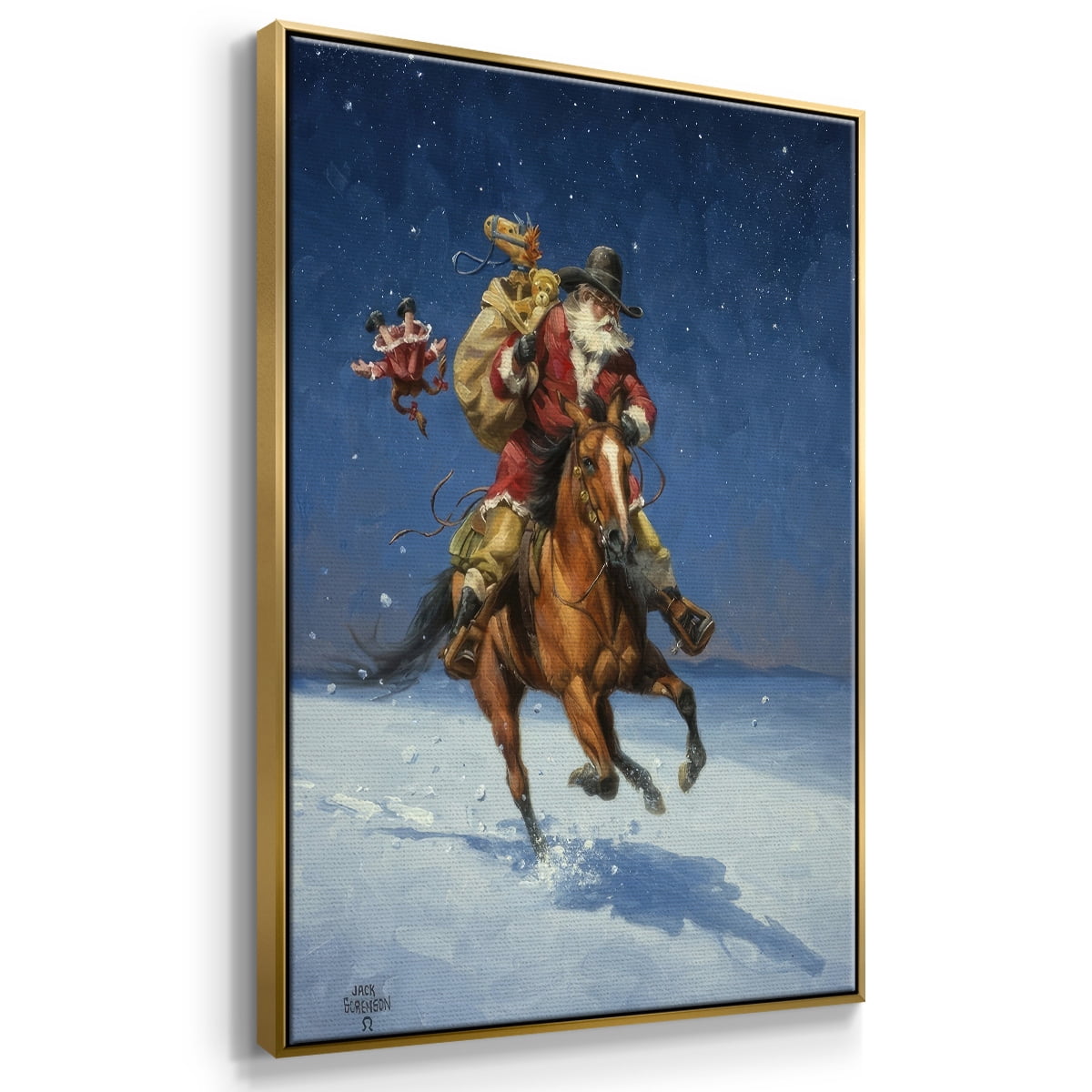 Midnight Rider - Framed Gallery Wrapped Holiday Canvas - 27 x 41 - Gold Frame