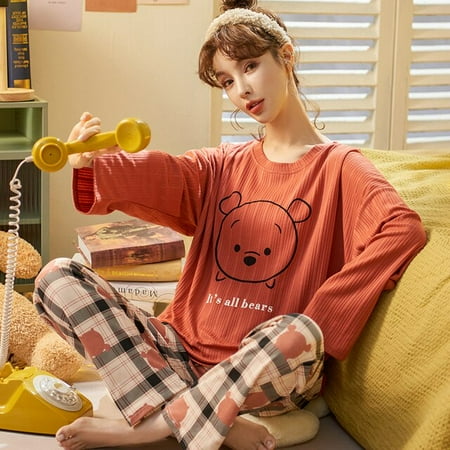 

QWZNDZGR Spring Big 5XL Knited Cotton Cartoon Girls Pajama Sets Women Pyjamas Plaid Sleepwear Pijama Mujer Homewear Clothing Nightwear