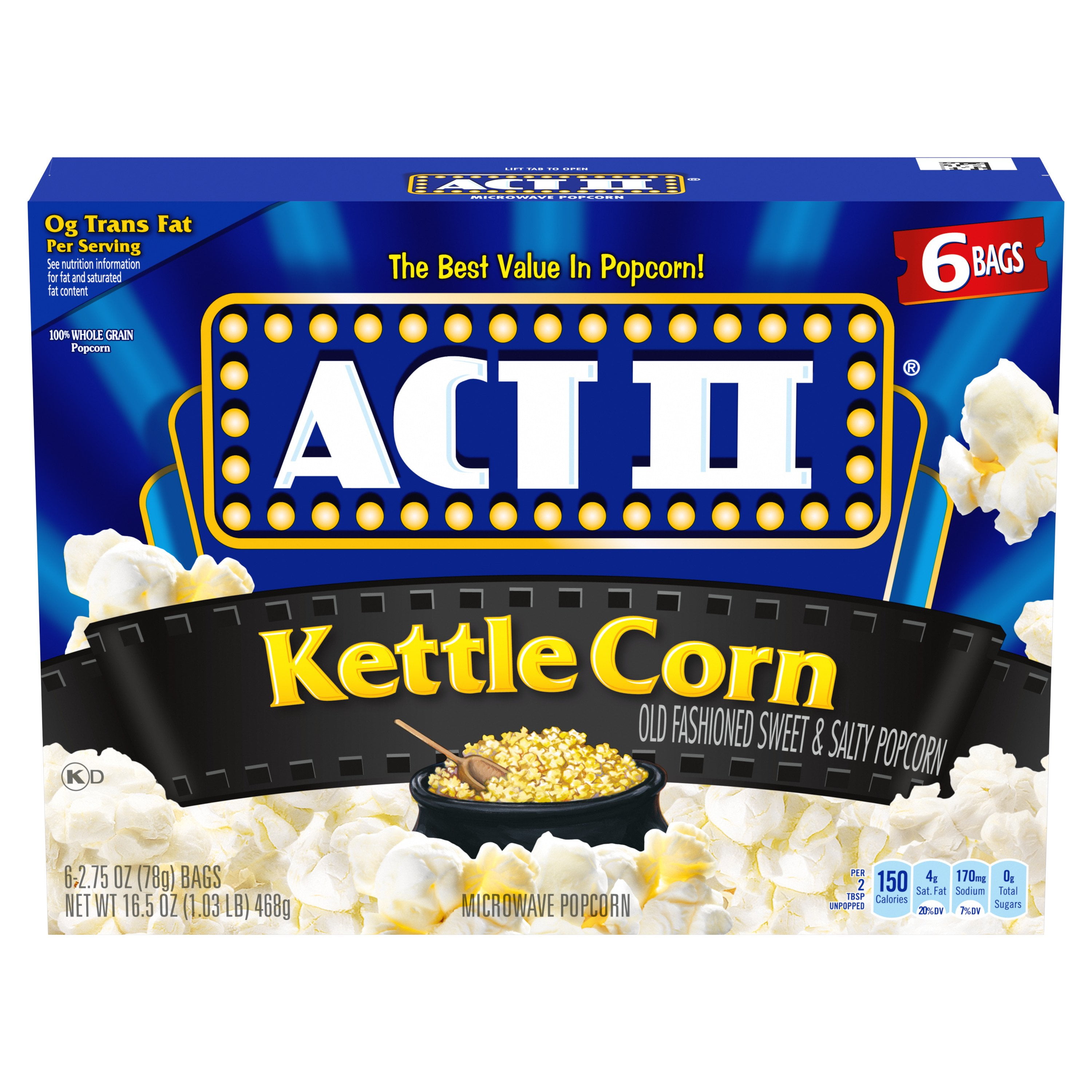 ACT II Healthy Kettle Corn Microwave Popcorn, Quick Serve, 2.75 oz