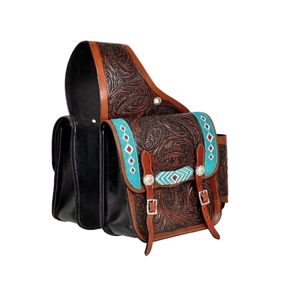 Hand-Tooled Western Leather Saddle Bags for Horse Saddle – Double Compartment Saddle Bag with Turquoise Beaded Design