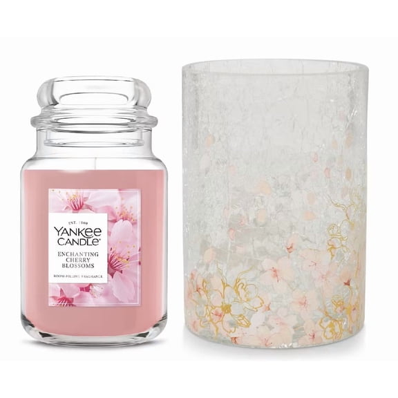 Yankee Candle Cherry Blossoms Large Crackle Glass Jar Candle Holder with a Large Enchanting Cherry Blossoms Classic Jar Candle 2-pc Set