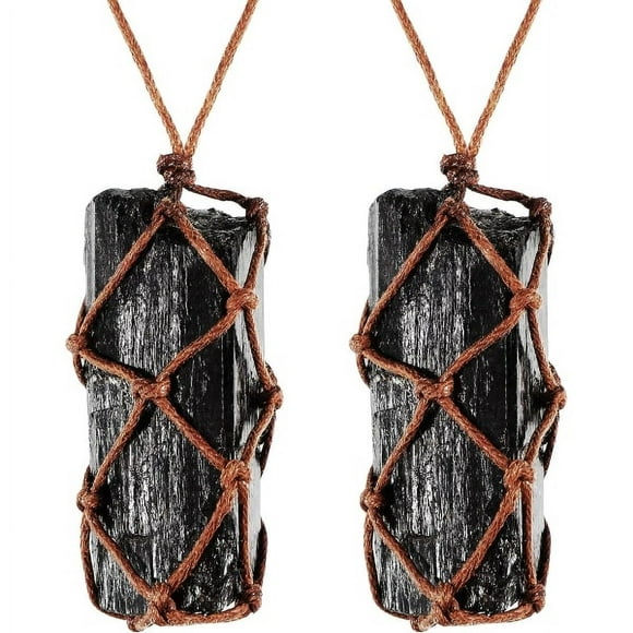 2pcs Natural Black Tourmaline Crystal Necklace Hand Braided Gemstone Pendant Necklace for Men Women