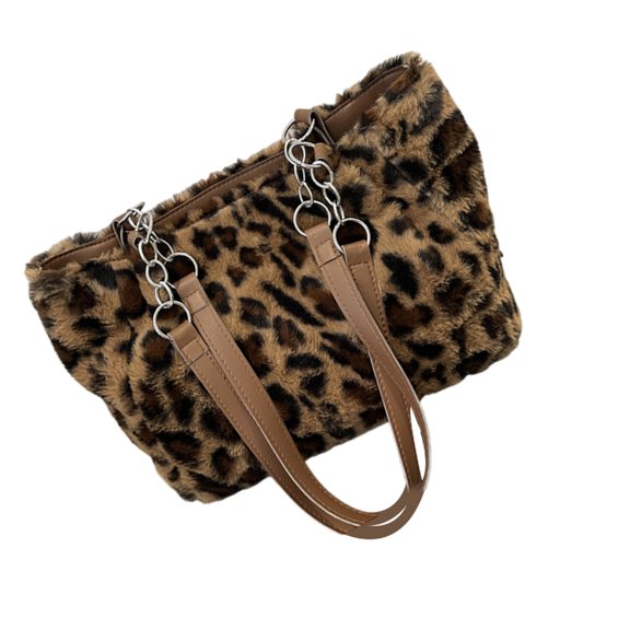 Stylish Leopard Pattern Plush Handbag With Spacious Interior For Daily Use