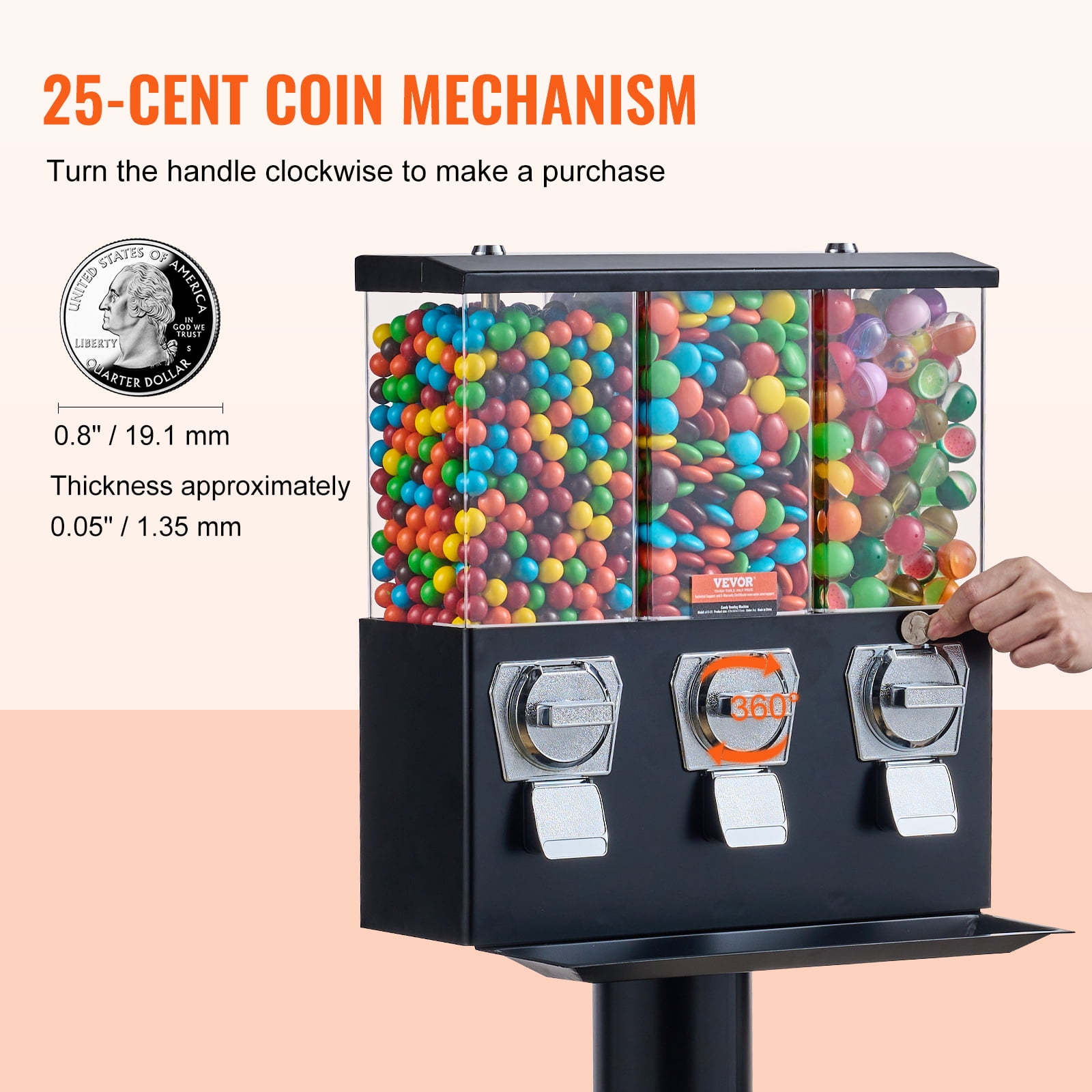 VEVOR Commercial Vending Machine, Triple Compartment Candy Dispenser with Iron Stand, Gumball and Candy Machine for Business,Coin Operated Gumball Bank for Toy Capsules Bouncy Balls Candy Nut,Black