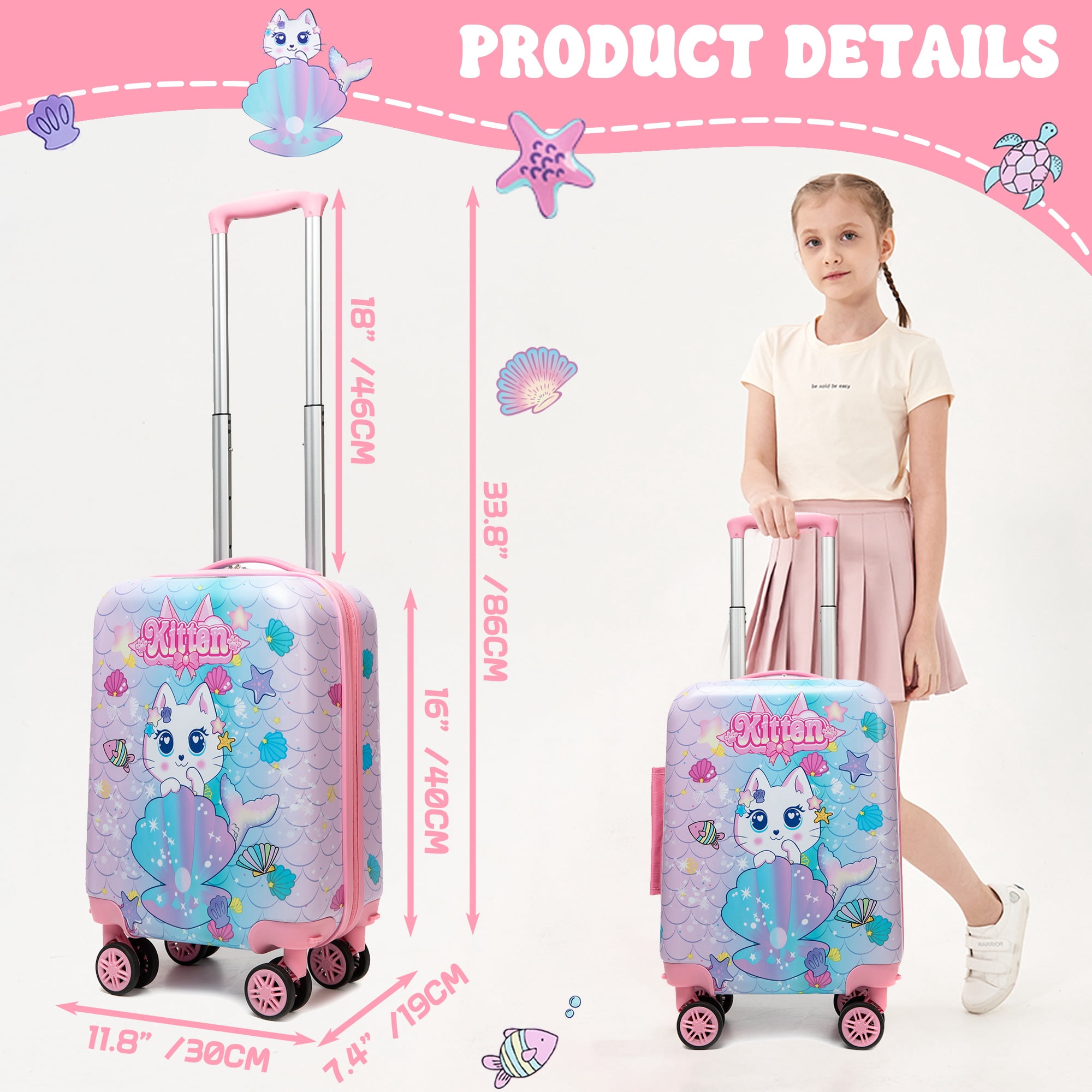 Kids Carry on Luggage Sets Rolling Pink Suitcases with Wheels with Travel Pillow Backpack Lunch Box 5 In 1 for Toddlers Travel