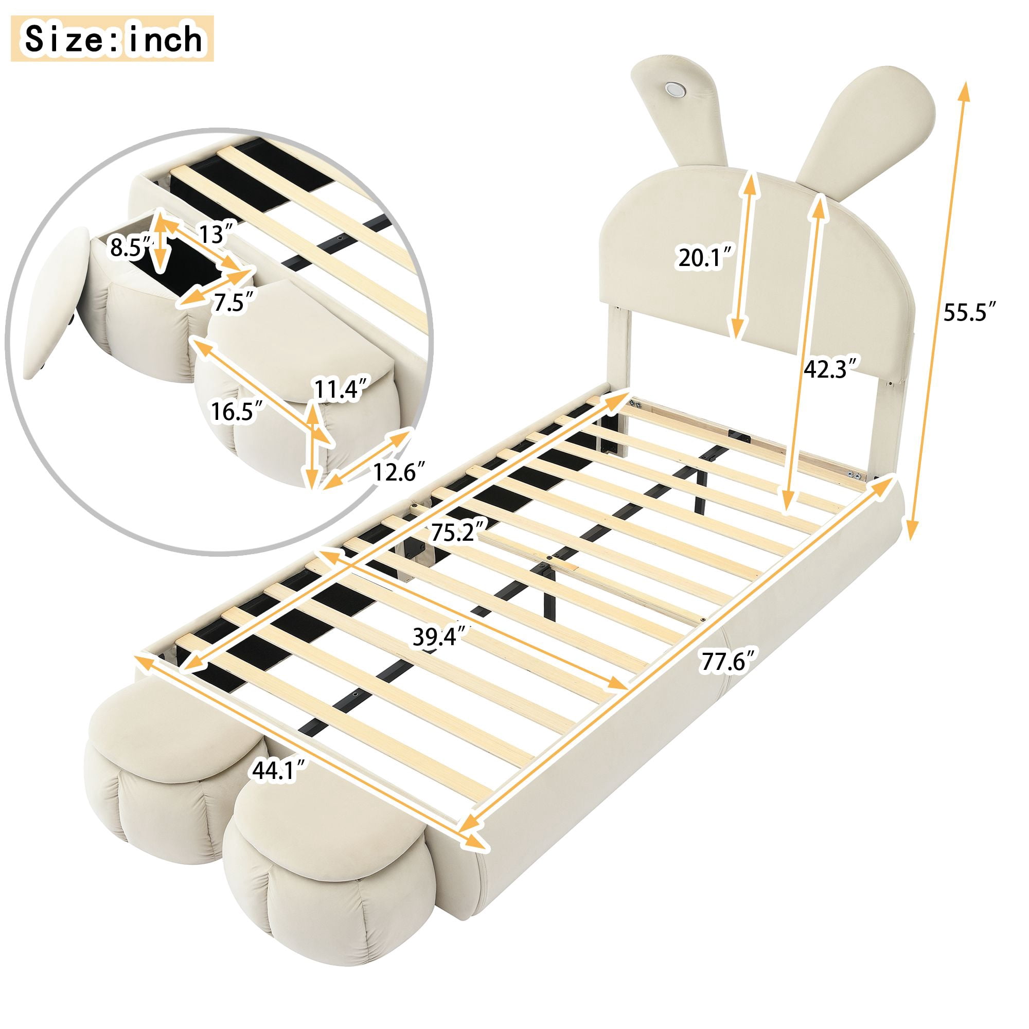 Aukfa Twin Upholstered Bed Frame with LED Light, Cartoon Bed with 2 Storage Stools for Kids, Beige