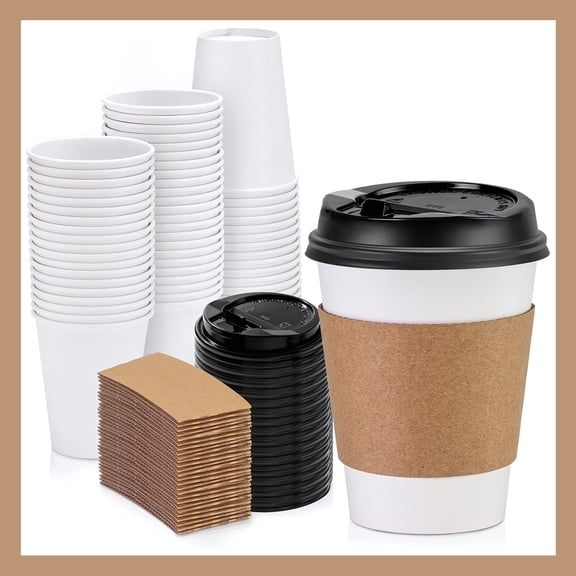 Pokanic Paper White Cups [12 oz] with Lids and Sleeves x [100 Set] Disposable Hot Cold Coffee Water Beverage Drinking for School Office Home Kitchen Cafe Restaurant (100 Pack, 12 oz)