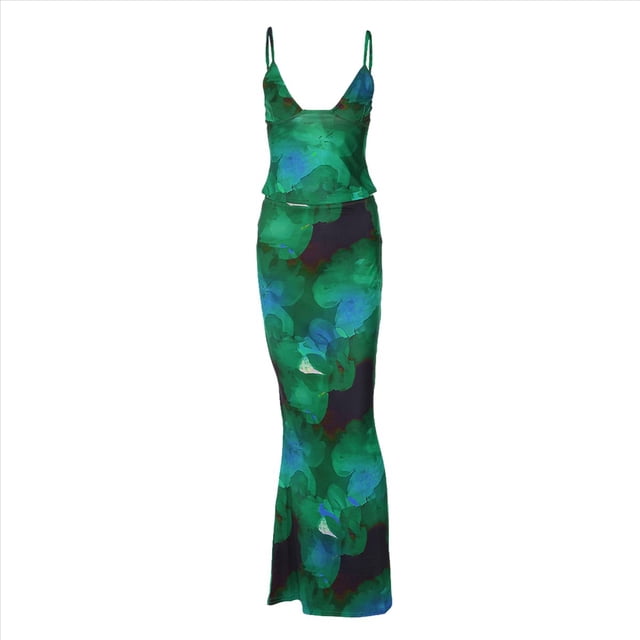 Conjunto de Falda Larga con Estampado Floral y Top Halter Trajes para Salir para Mujer Verde M