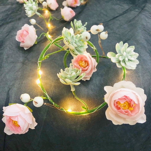 Pink Rose Succulent Vines with Lights, Artificial Roses Garland with 6.56 Feet 20 Warm White LEDs String Lights Fairytale Lights with Flower Vine for Wall Shelf Wedding