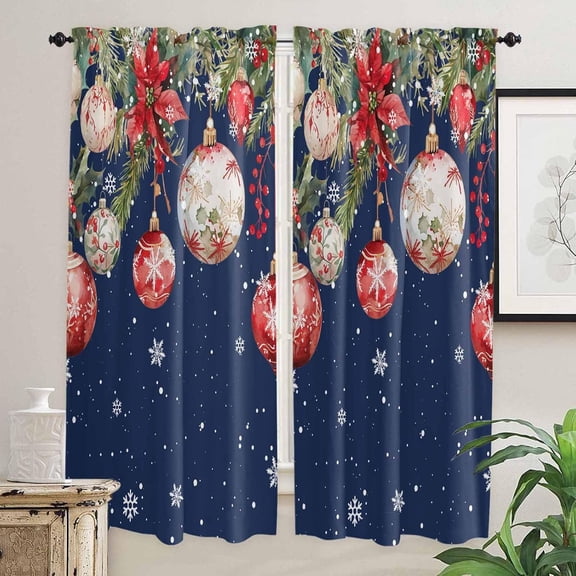 Navy Blue Christmas Ball Kitchen Curtains 84 In Long, Winter Xmas Poinsettia Snowflake Rod Pocket Window Curtain Panels for Bedroom/Bathroom/Nursery, Light Filtering Treatment Curtains Drapes 52"x84"
