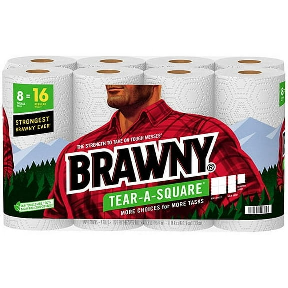 Brawny Tear-a-Square Paper Towels, White, 3 Sheet Sizes, 8 Double Rolls