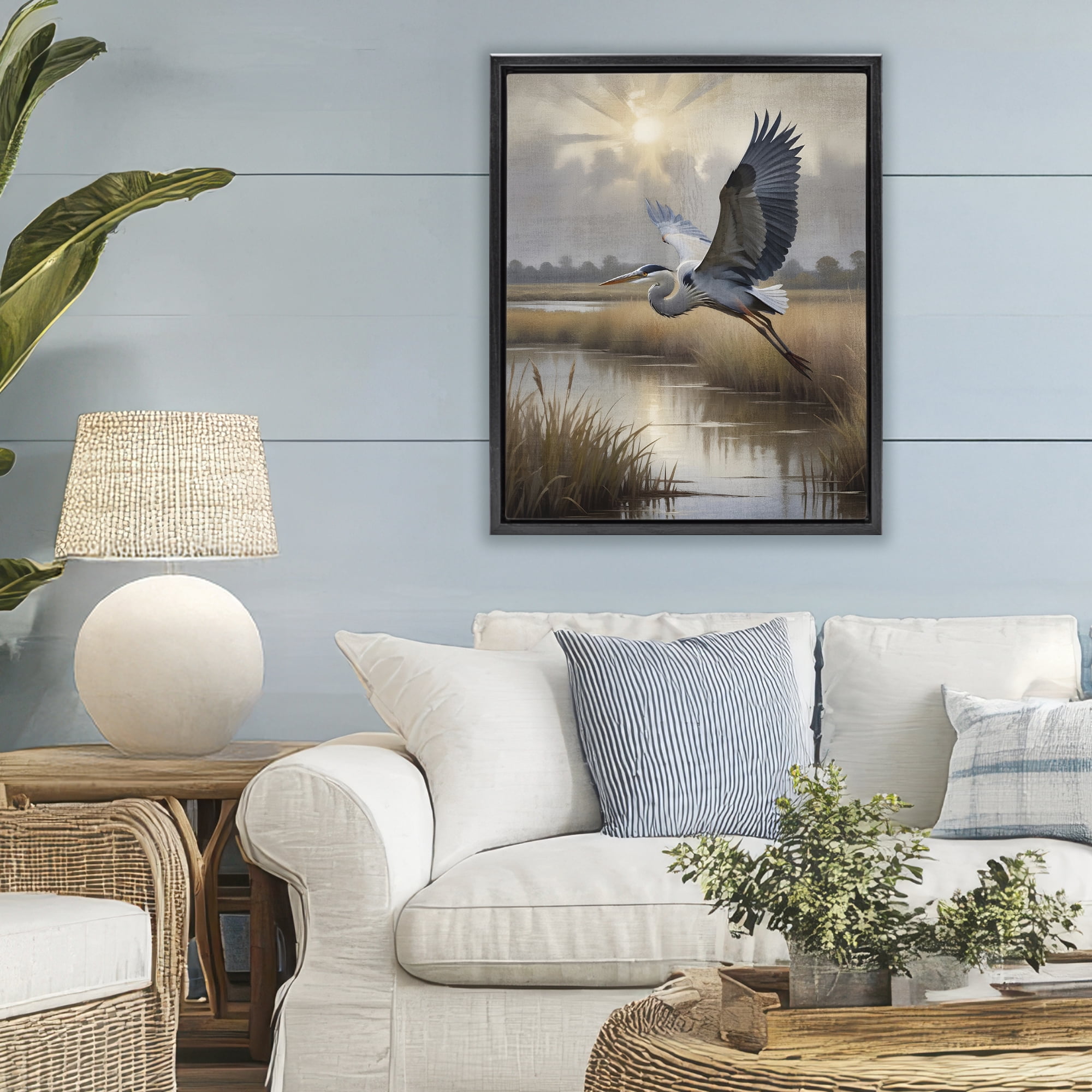 Stupell Industries Heron Flight over Wetlands Black Framed Floater Canvas Wall Art, design by Susan Arnot